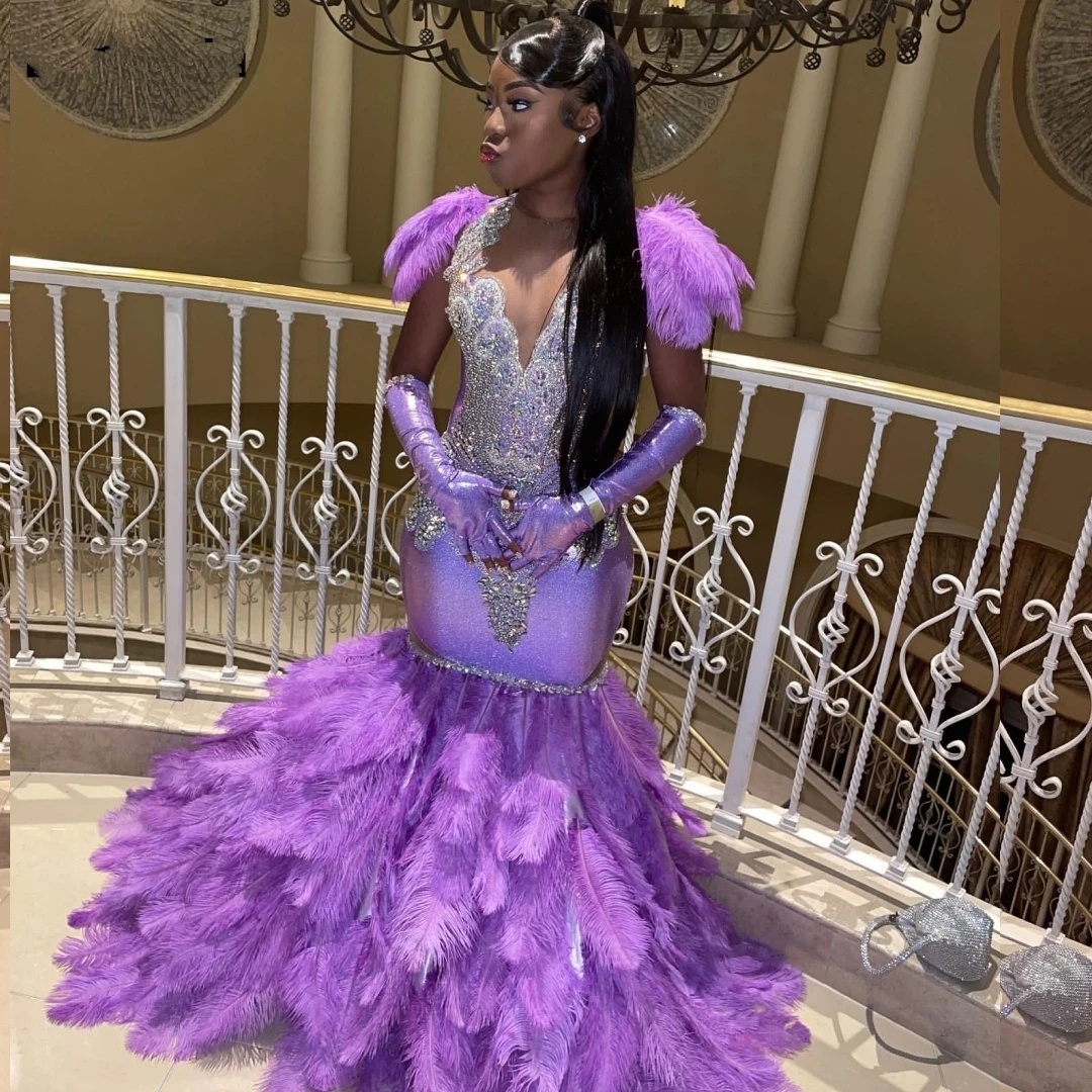 Sexy Purple Feathers Mermaid Prom Dresses 2024 For Black Girls Sier Crystal Beaded Party Gala Gown Vestidos De Festa