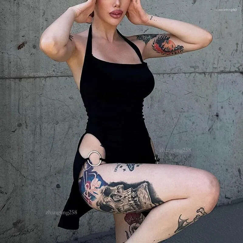 Casual Dresses Goth Dark Backless Mall Gothic Split Sexy Mini Y2k Punk Hollow Out Side Halter Dress Women Grunge O-ring Night Partywear