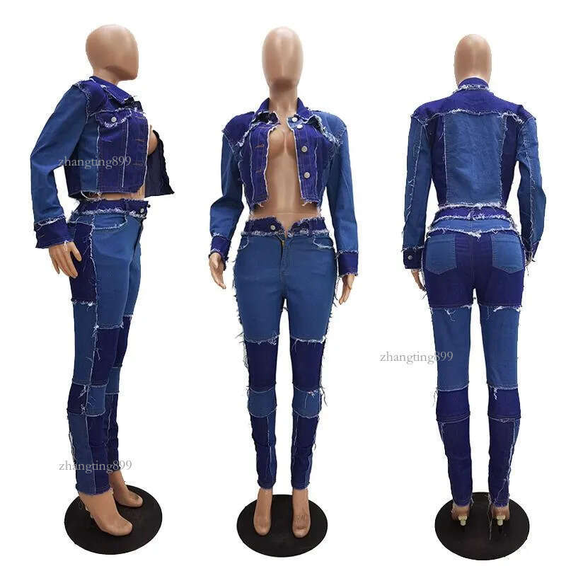 Women's Tracksuits 2 Piece Club Outfits Matching Sets Blue Denim Jeans Suit Long Sleeve Jacket Crop Top & Pants Set