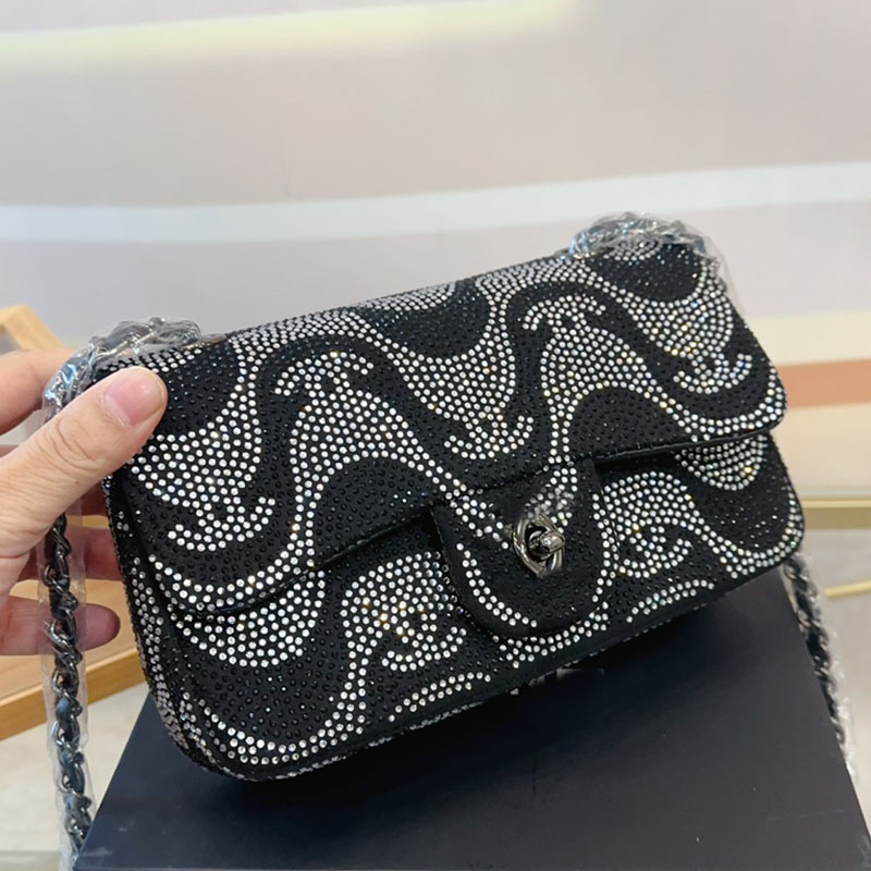Flash Diamond Cf Shiny Chain Bag Fashion Crossbody Bag Mini Womens Shoulder Bag Sheepskin Silver Metal Clasp Luxury Purse Braid Chain Makeup Bag Designer Bag 22cm kel