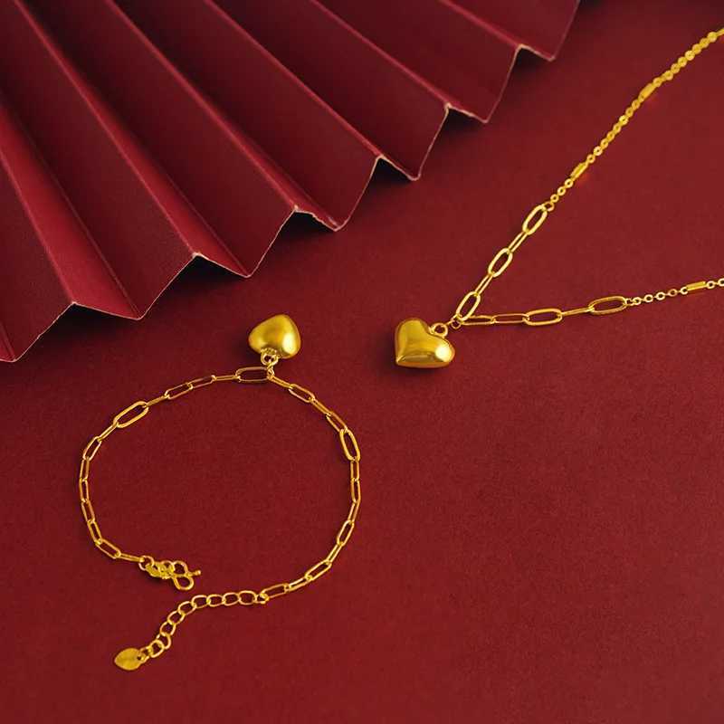 24K gold-plated r necklace simple polished heart-shaped hanging chain OL commuting jewelry 999 pure gold bracelet X241123