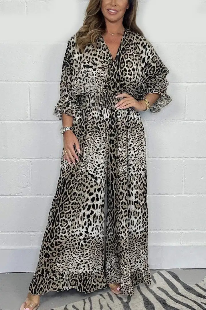 Women's Leopard Print Jumpsuit - Elegant Wide Leg Pantsuit for Business Casual & Party | Sexy Loose Fit Long Dress Pants