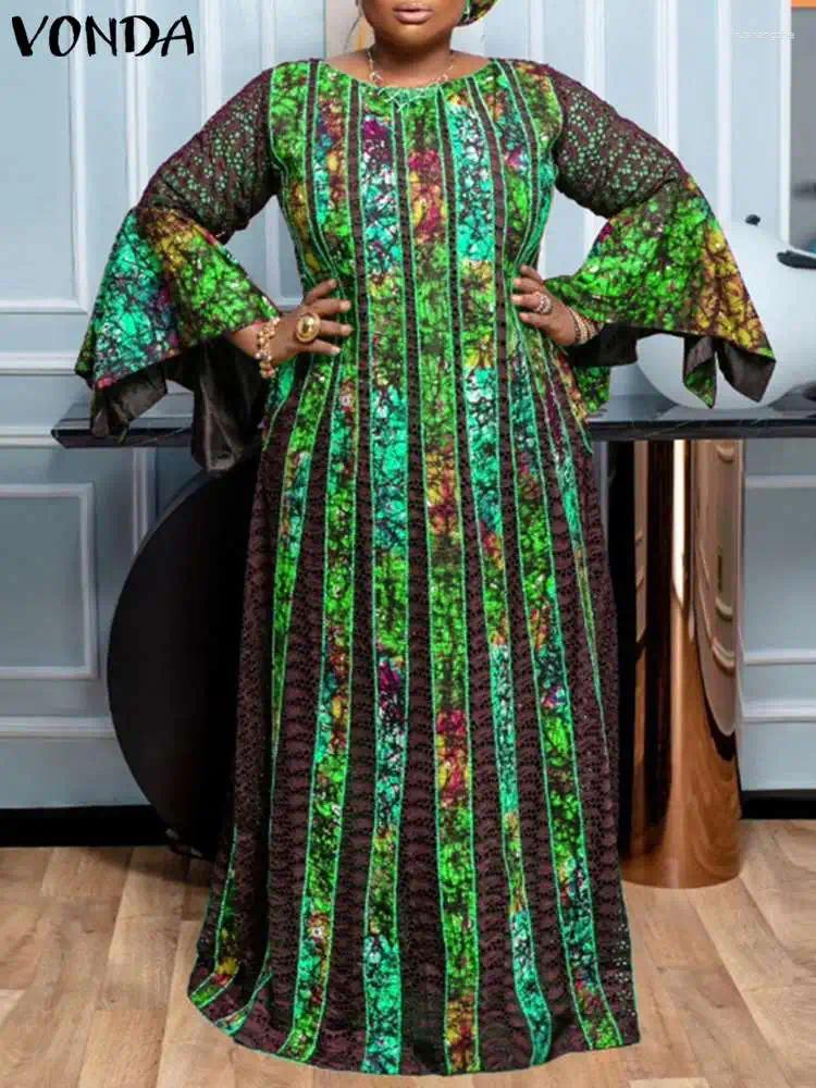 Casual Dresses VONDA Women Summer Party Maxi Dress 2024 Spring Long Flare Sleeve Oversized Vintage Printed Sundress Robe Femme