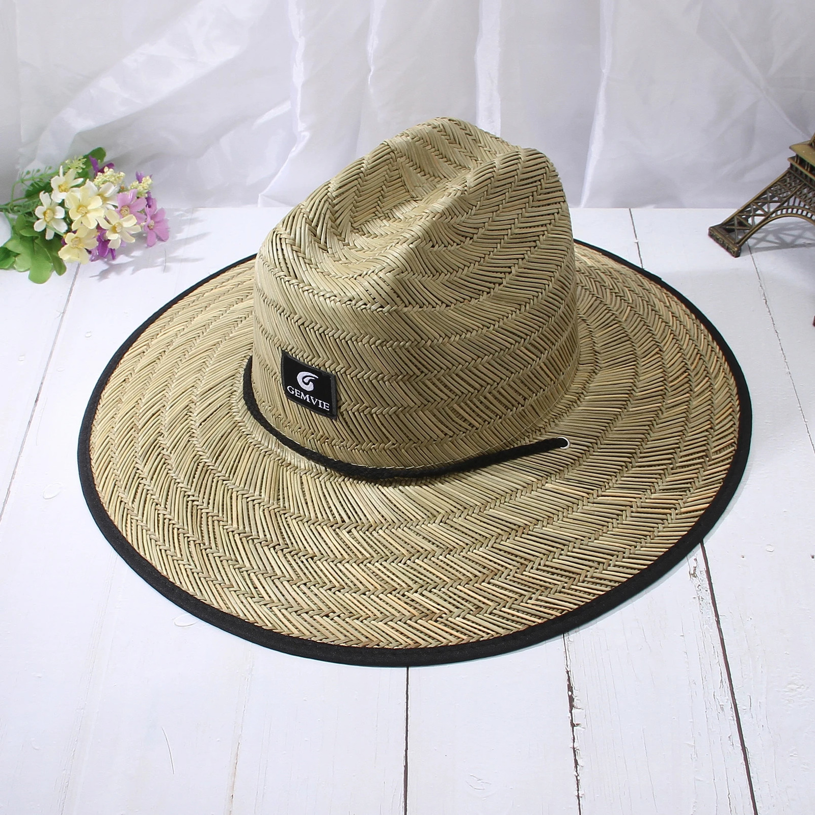 Wide Brim Straw Hat Mens Lifeguard Summer Protection Hat Black Side Outdoor Panama Hat 240419