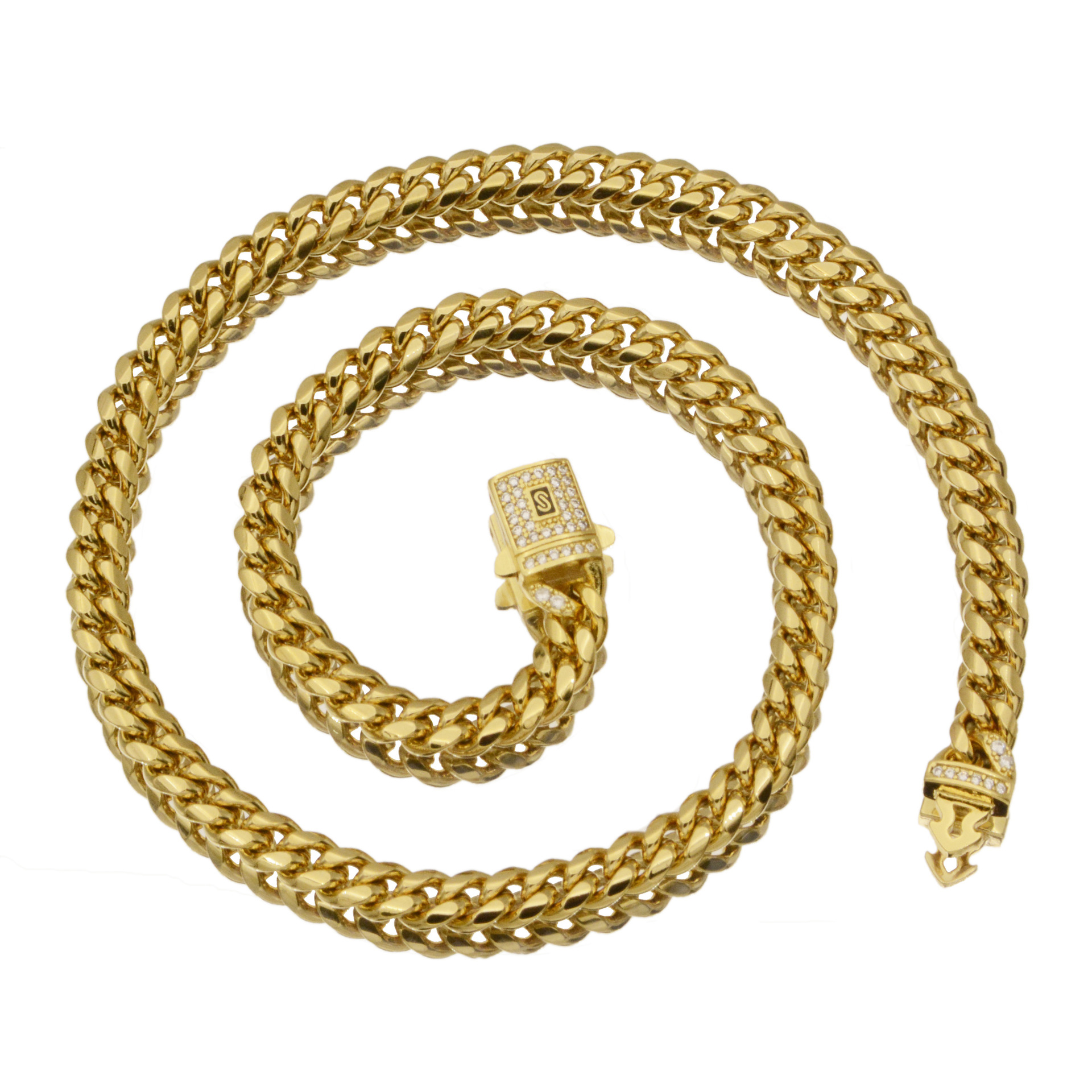 6-14mm Stainless Steel Miami Cuban Chain Zircon Copper Clasp 14K Gold Plated