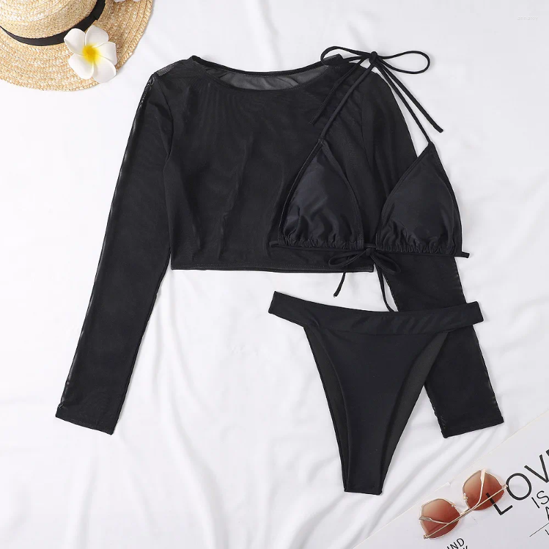 Womens Swimwear 3 Pieces Bikini Sets Long Sleeve Top 2024 Women Swimsuit Thong Female White Bathing Swimming Swim Suit Beachwear Neon