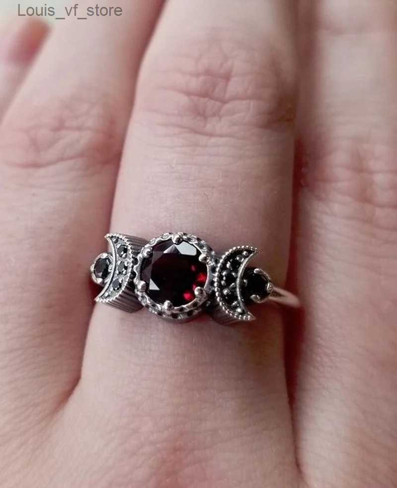 Band Rings Exquisite Women Silver Color Red Stone Carving Moon Engagement for Anniversary Bridal Jewelry Gift H240424