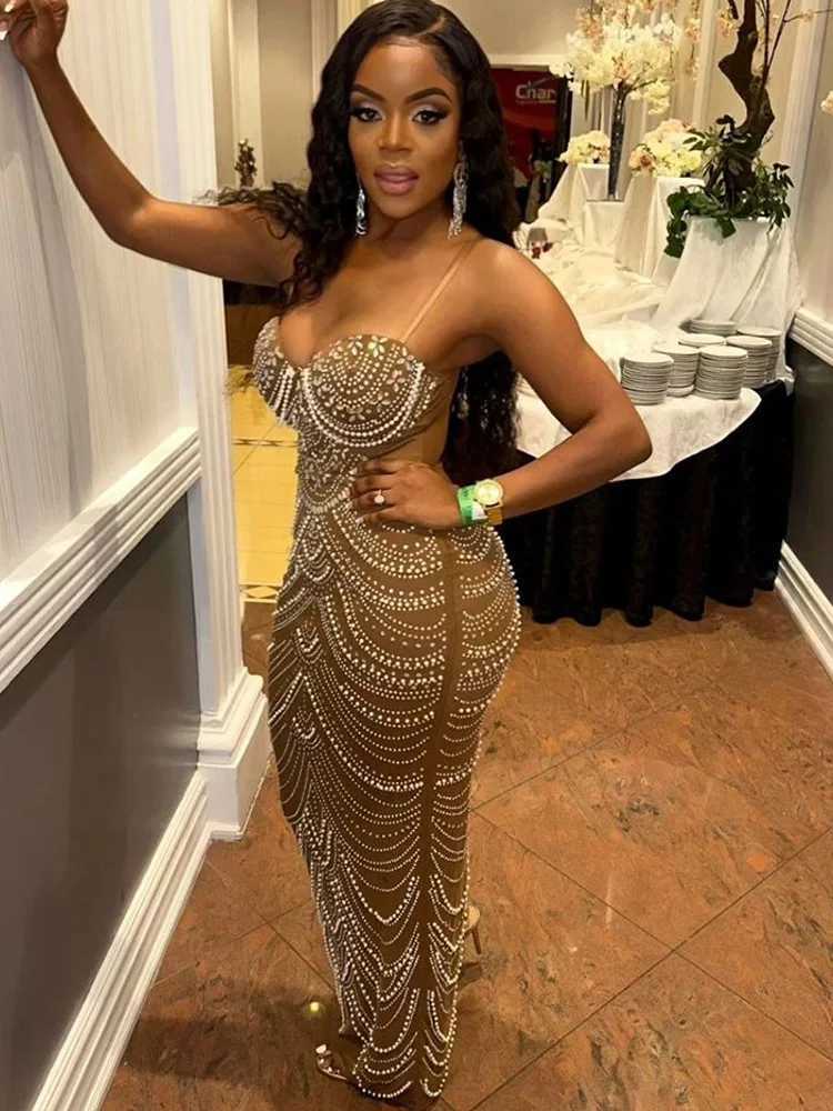 Beyprern Beautif Gold Bead Body Dress Sparkling Pearl Rhine Long Dress Birthday Party Dress New Year Dress M241123