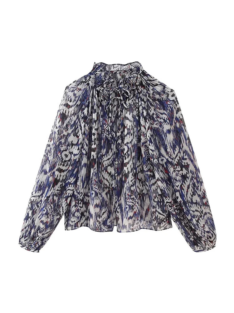 TRAF Summer Print Skirts Sets For Women Fashion Thin 2PCS Vintage Long Sleeved Shirt Tops ALine Mini 240423