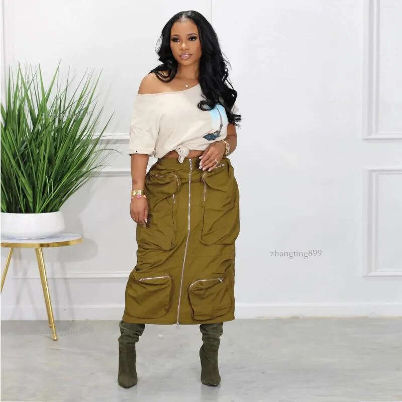 Skirts Plus Size Elastic Waist Khaki Army Green Cargo Skirt 2023 Summer Women Y2K Front 3D Pockets Center Zipper Midi Streetwear