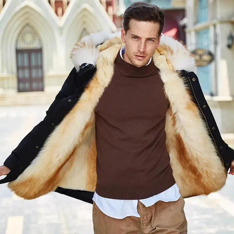 Mens Parka Winter Mink Coat Mens Parkas Natural Fox Fur Collar Hooded Jacket Medium length Coat 241122