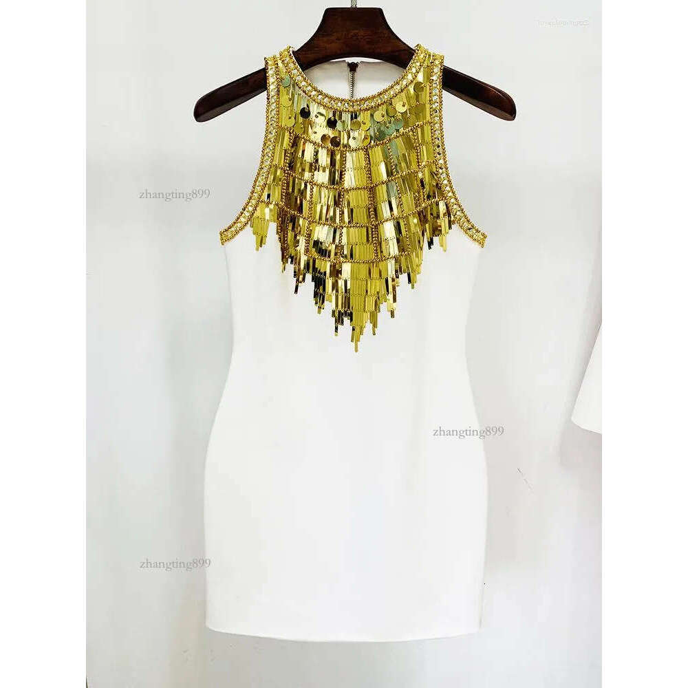 Casual Dresses HIGH STREET Est 2023 Fashion Stylish Designer Women's Metallic Diamonds Sequined Beading Sleeveless Stretch Tank Dress