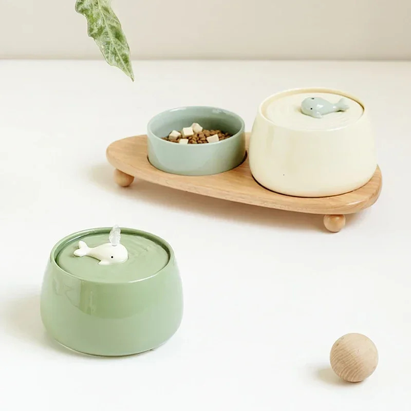 1300ml Cat Water Fountain Ceramic USB Charging Pet Beverage with Filter Small Dog Water Dispenser Wooden Stand 241122