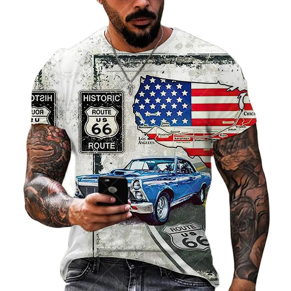 Summer Mens T Shirts Oversized Loose Clothes Vintage Short Sleeve Fashion America Route 66 Letters Printed O Collared shirts 240419