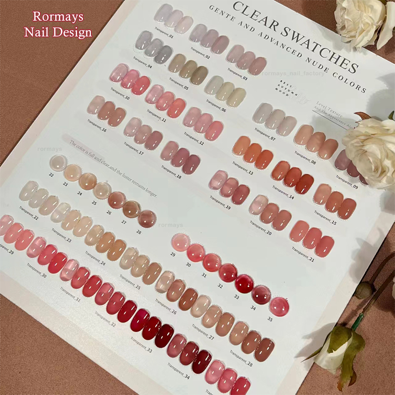 Rormays Ice Transparent Bare gel Polishing 35PCS Jade Grease Bare Varnish gel UV LED Impregnating Primer Pink gel Salon Art Wholesale Factory 15ML