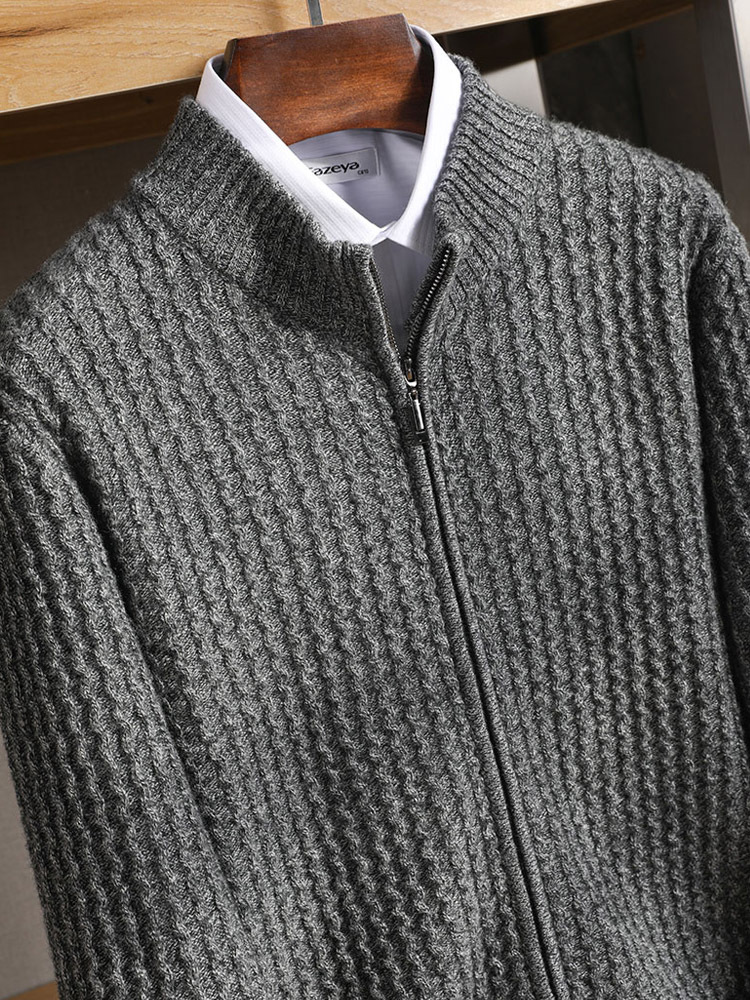 Men's 100% Wool Cardigan - Stand Collar Zipper Jacket, Jacquard Knit, Business Casual, Thick Sweater Coat