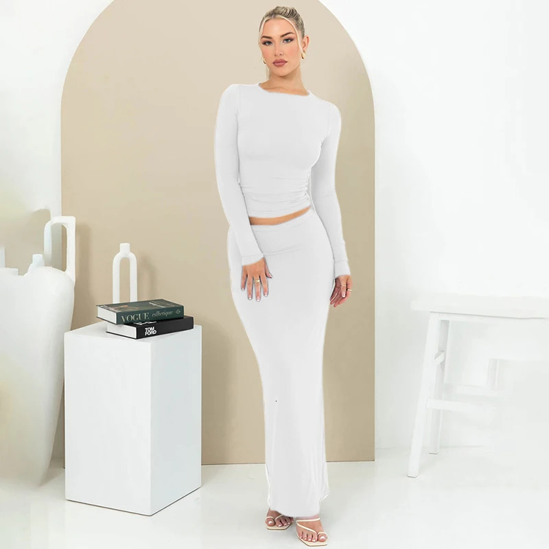 CUTENOVA Autumn Solid Round Collar Long Sleeves HalfLength Skirt Slim Suit Casual Women TwoPiece Set 240423