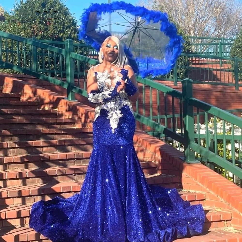 Sparkly Royal Blue Sequins Prom Dresses For Black Girls With Sier Crystals Rhies Beaded Birthday Party Gala Gowns 0219