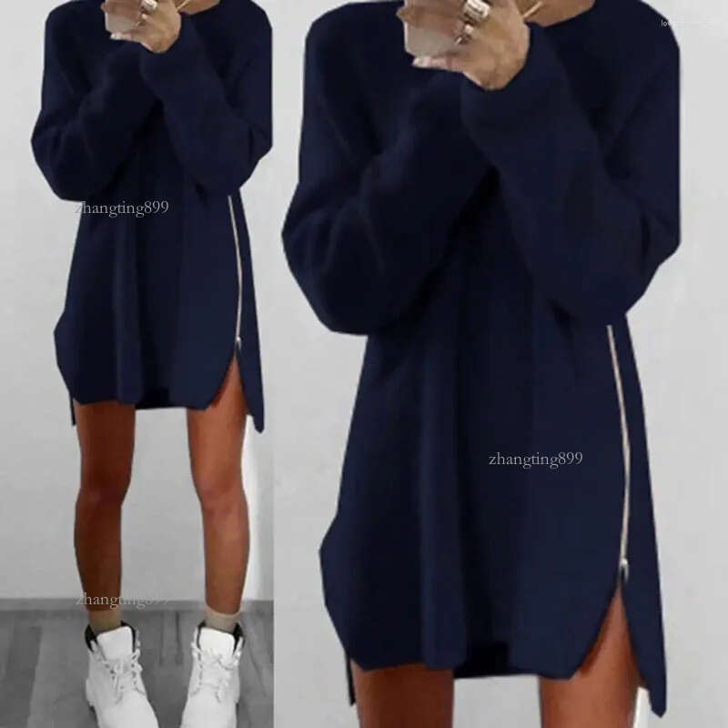 Women's Sweaters Side Zipper Women Dress Autumn Solid Color Long Sleeve Slit Loose Sweater Casual Elegant Mini Robe