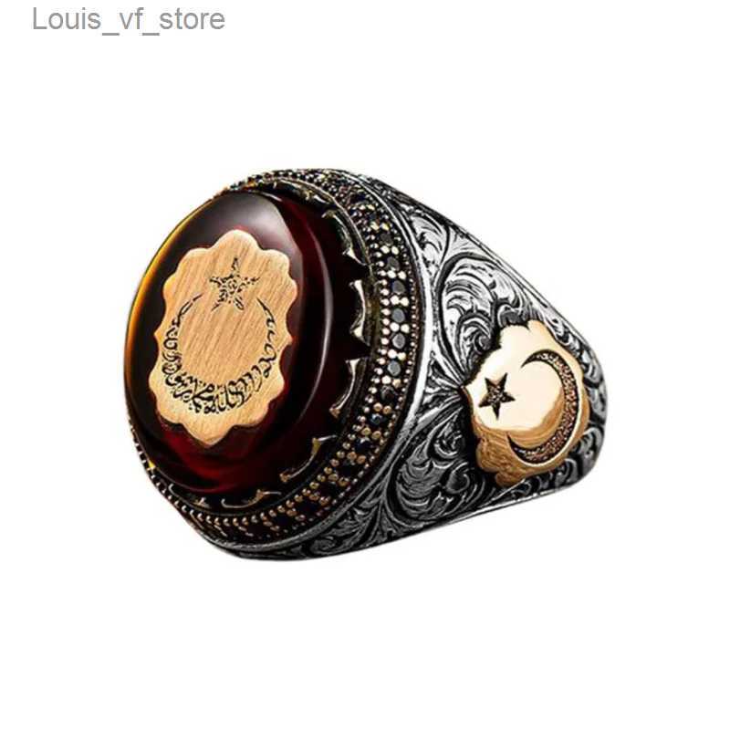 Band Rings Retro Handmade Turkish Ring for Men Vintage Silver Color Red Zircon Punk Trendy Islamic Religious Muslim Jewelry H240424
