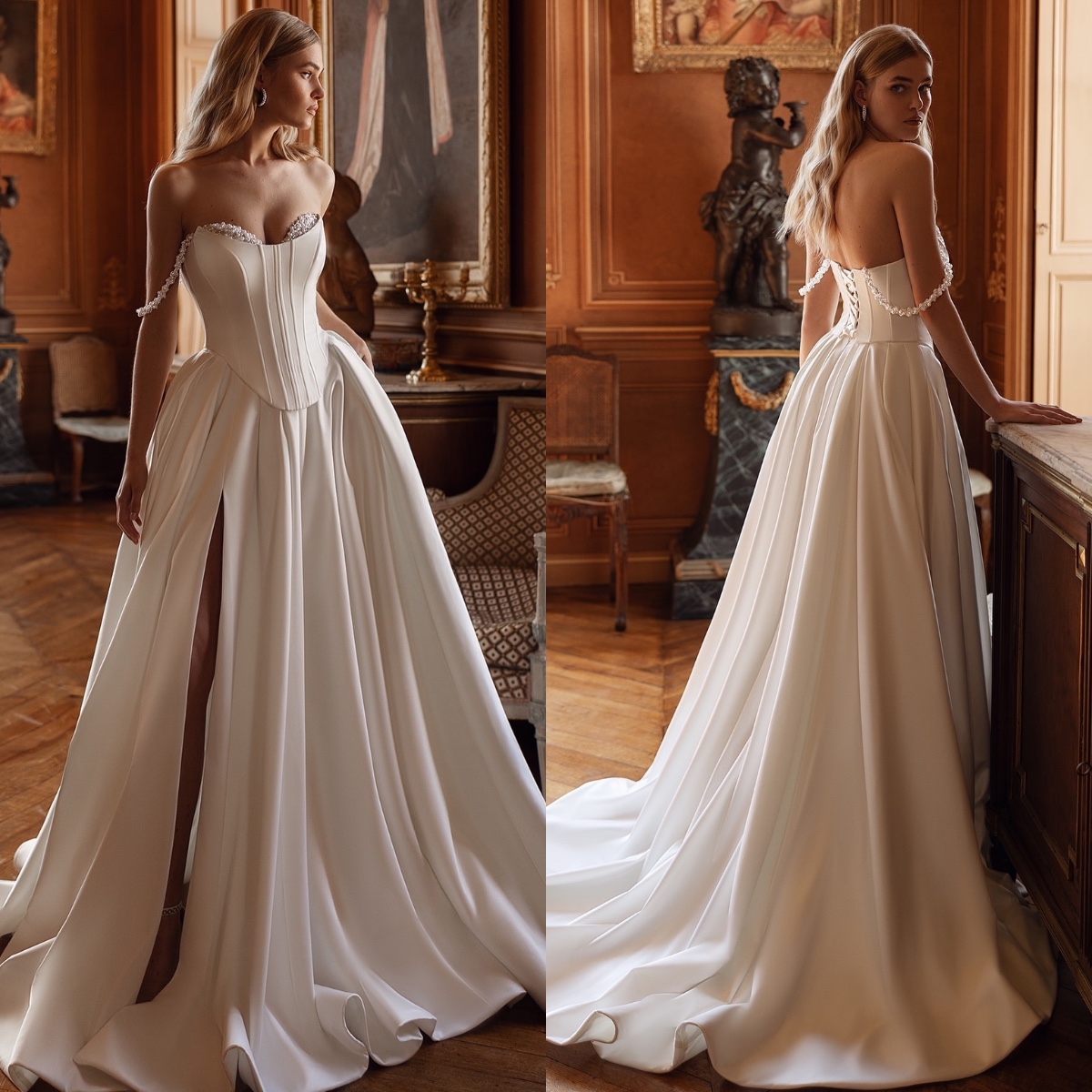 Satin Gorgeous Princess Dresses Bridal Gowns Pearls Off Shoulder Wedding Dress A E Bone Bodice Thigh Split Lace Up Backless Robe De Mariee