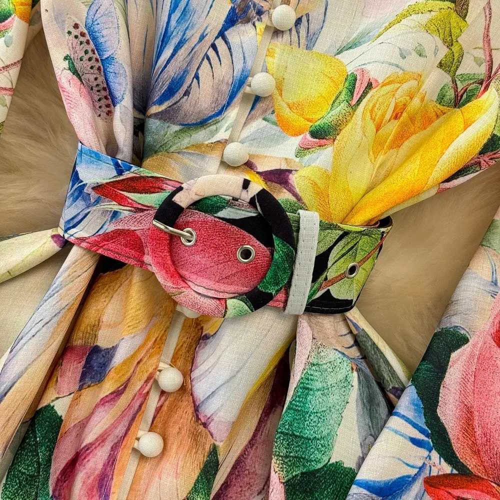 Spring break wer linen dress Wens Stand Long Lantern Sve ral Print single chest belt party Maxi Vestidos 6396 M241123