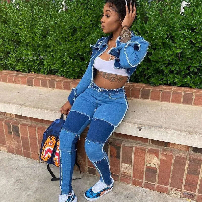 Women's Tracksuits 2 Piece Club Outfits Matching Sets Blue Denim Jeans Suit Long Sleeve Jacket Crop Top & Pants Set