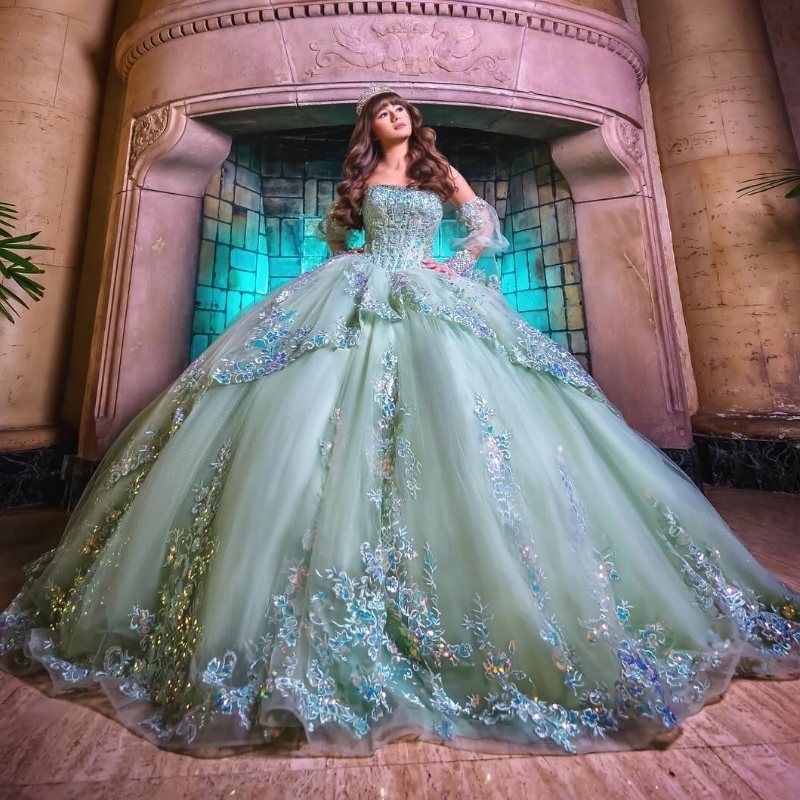 Green Mint Shiny Quinceanera Dresses Princess Sweet Years Girl Birthday Party Beads Lace Appliques Tull Puff Sleeve Vestidos De Anos D