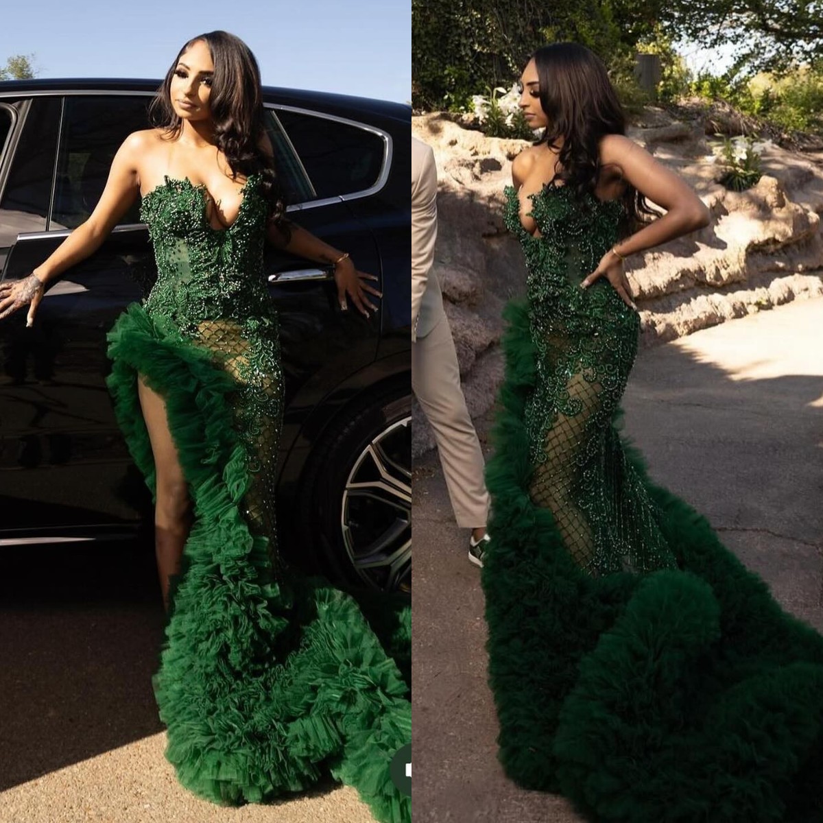 Stunning Crystal Green Prom Dress Black Sweetheart Beaded Sequins Evening Elegant Tulle Ruffle Thigh Split African Formal Dresses For Women 6660306
