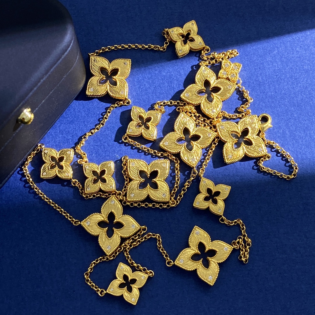 designer 4 leaf flower long necklace Coin sweater chain brass material electroplated 18k gold 91cm Italian jewelry diamond classic style gift for girlfriend 003