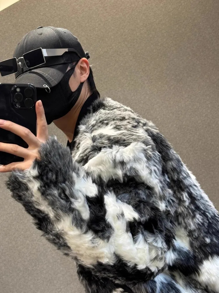 Fashionable mens winter warm padded fur leather jacket with retro print loose fit suitable for parties Donnie jacket patch work pocket bomber jacket 2