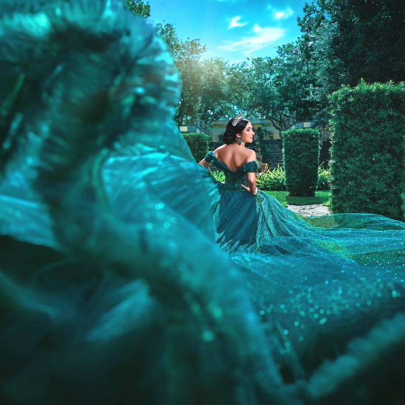 Blackish Green Shiny Quinceanera Dresses Princess Sweet 16 Years Girl Birthday Party Beads Appliques Tull Tierede Vestidos 15 De Anos