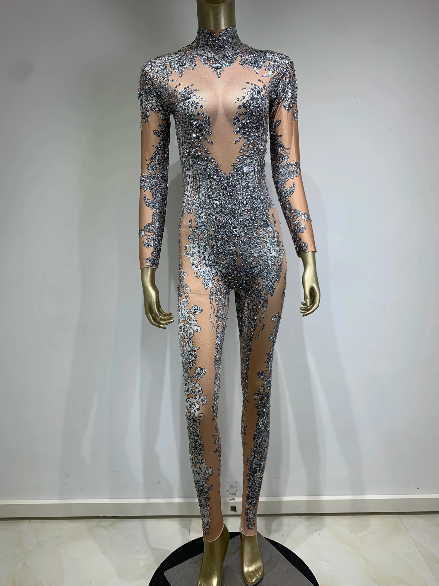Stock Halloween Women Long Sleeve Rhinestone Sequins Jumpsuit Birthday Party Costume Bar Nightclub Stage Performance Rompers 241121