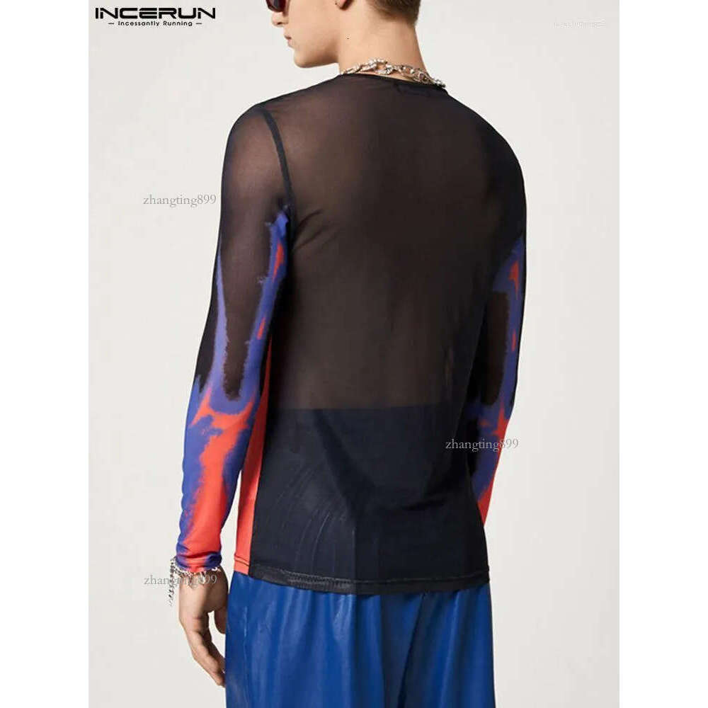 Men's T Shirts 2022 Fashion Men Shirt Printing O-neck Long Sleeve Mesh Transparent Streetwear Casual Camisetas Sexy Undershirt