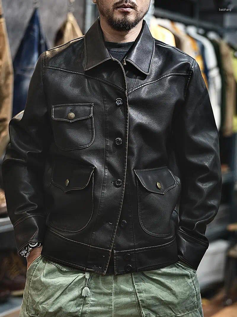 Men's Jackets American Retro Leather Jacket Loose Button Open Cardigan Premium Lapel Motorcycle PU Flight Vintage Autumn