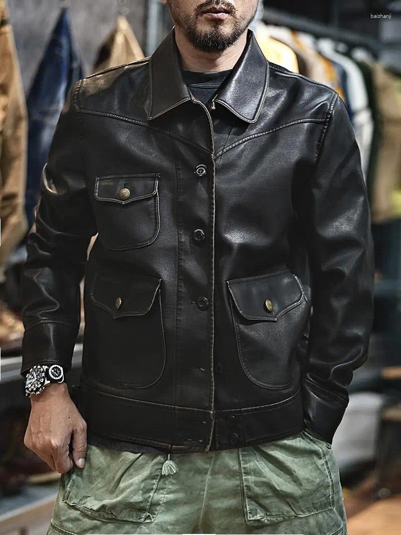Men's Jackets American Retro Leather Jacket Loose Button Open Cardigan Premium Lapel Motorcycle PU Flight Vintage Autumn