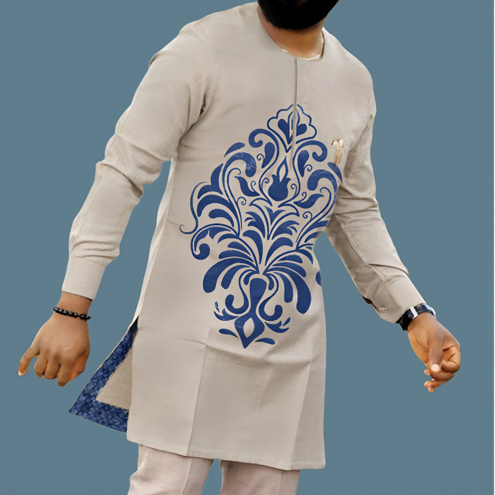 African Traditional Men Suit Printed Shirt Top Elastic Waist Pants White Wedding 2 Piece Set Outfits Ethnic Style Costumes 240409