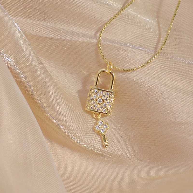 Creative Micro Inlaid CZ lock and key necklace suitable for womens 14K real gold Exquisite AAA zirconia Kolye fashion accessories jewelry X241123