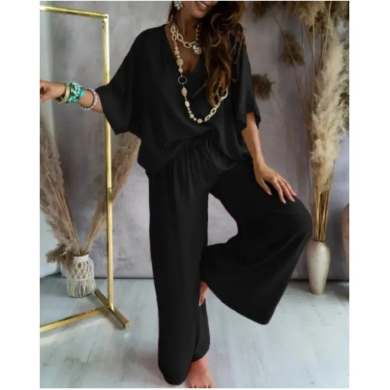 Elegant Womens T-shirt Long Pants 2 pcs Set Summer V-neck Bat Sleeve Loose Hollow Top Casual LadySuit S-XXL 240418