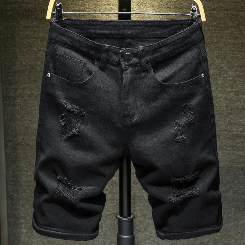 White Jeans Shorts Men Fashion Ripped Knee Length Pants Simple Casual Slim Hole Denim Shorts Male Streetwear 240415