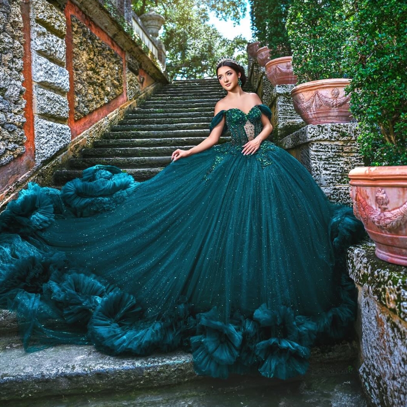 Blackish Green Shiny Quinceanera Dresses Princess Sweet 16 Years Girl Birthday Party Beads Appliques Tull Tierede Vestidos 15 De Anos