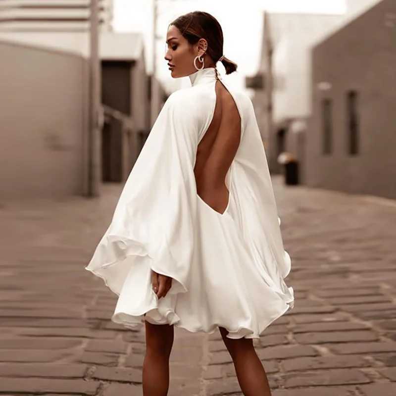 Onecozyday Fem Wen Sexy Backless Mini Dress Summer New Solid Color Florida Sves High Neck Party Dress M241123