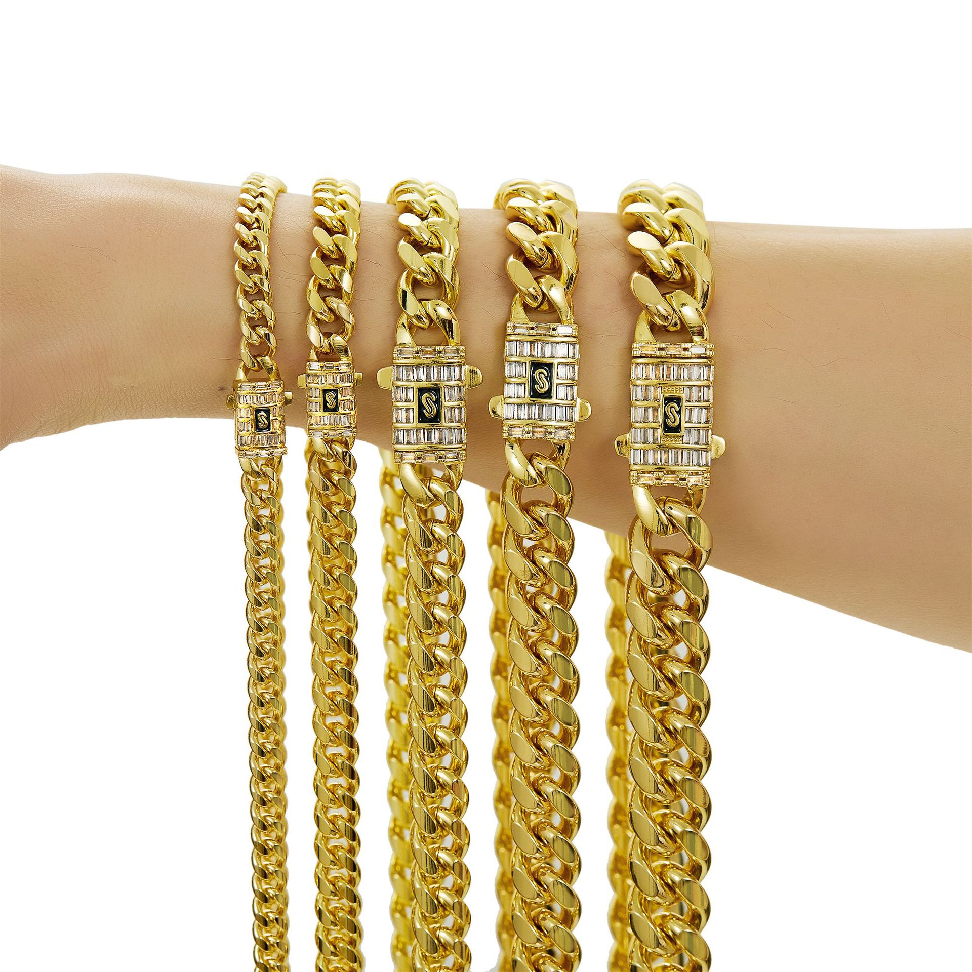 6-14mm Hip Hop Stainless Steel Miami Cuban Chain 14K Gold Plated Copper S Clasp