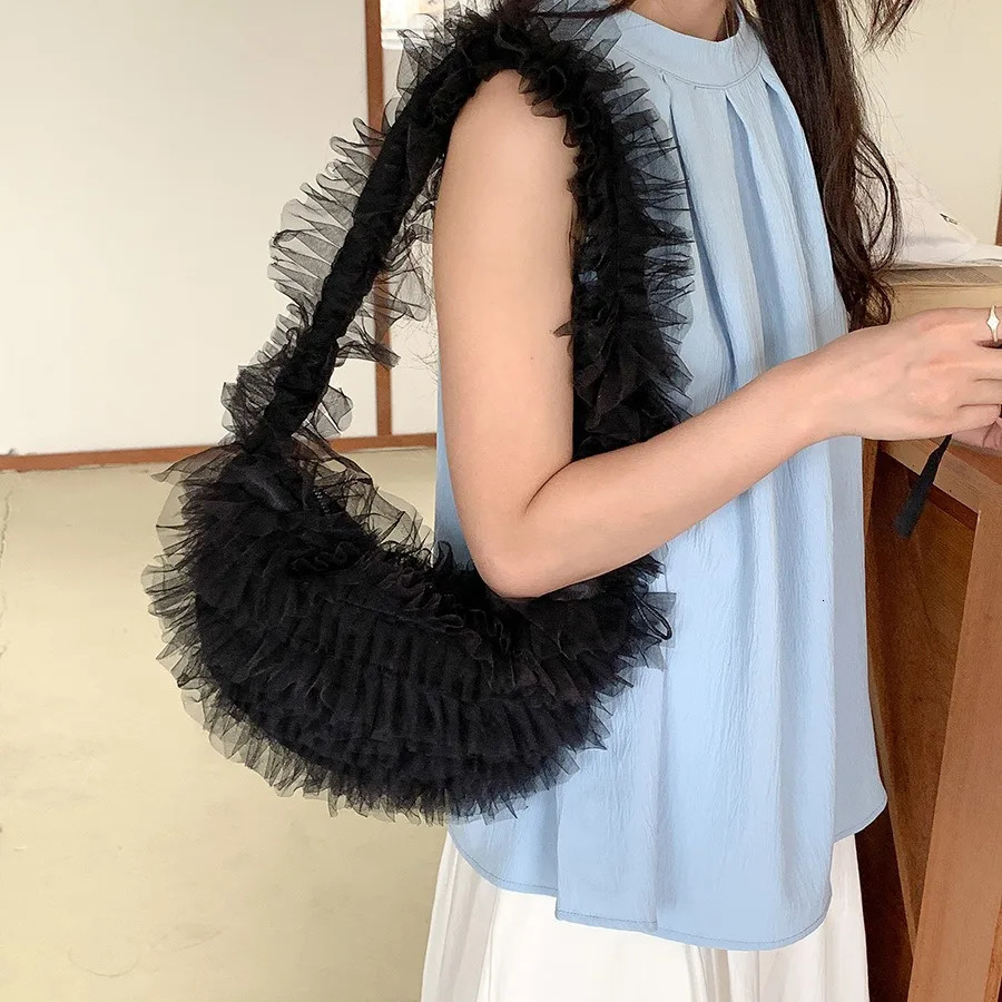 Miyagawa Handheld Mesh Ruffle Fold Bag Soft Sweet One Shoulder Underarm Stray Bag 241122