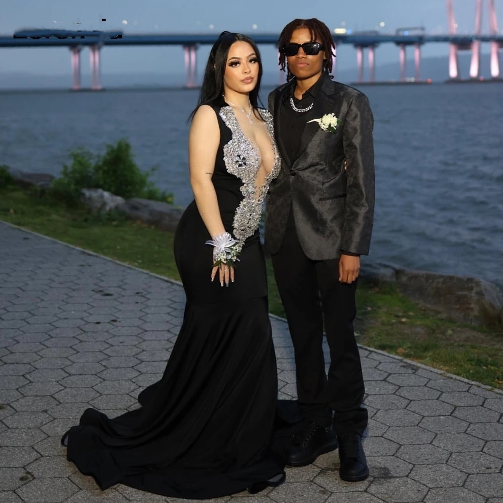 Sexy Satin Mermaid Prom Dress For Black Girls 2024 Sier Crystal Beaded Formal Party Gala Gown Robe De Soire 0431