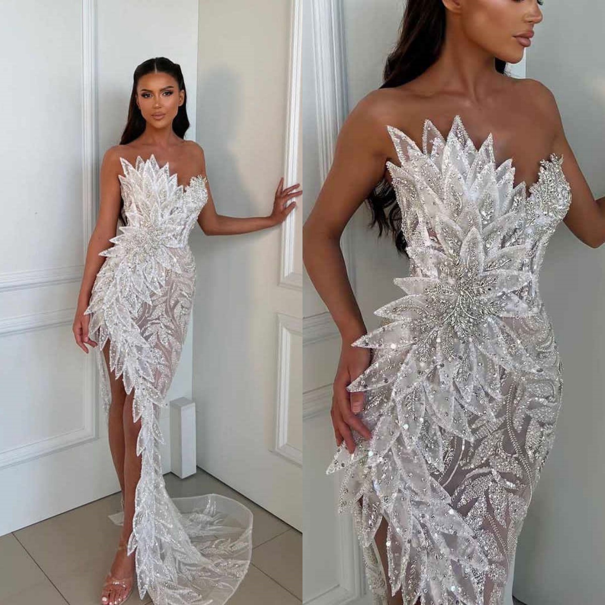 Gorgeous Wedding Dresses Crystal Mermaid Bridal Gowns Strapless Sequins Custom Made Sleeveless See Through High Split Bride Dress Vestidos De Novia