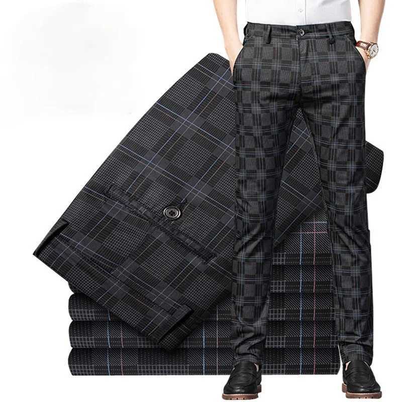 2022 Spring Summer Casual Pants Men Fashion Korean Streetwear Mens Straight Slim Fit Pants Trousers Black Plaid Suit Pants Men W250225