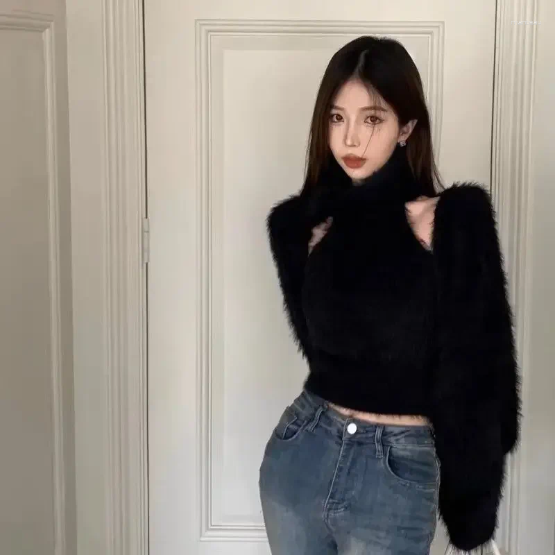 Womens Knits 2024 Autumn Winter Grunge Two Pieces Set Women Fashion Cardigan Coats Fluffy Pullovers Sweaters Cropped Cloth Solid Vest