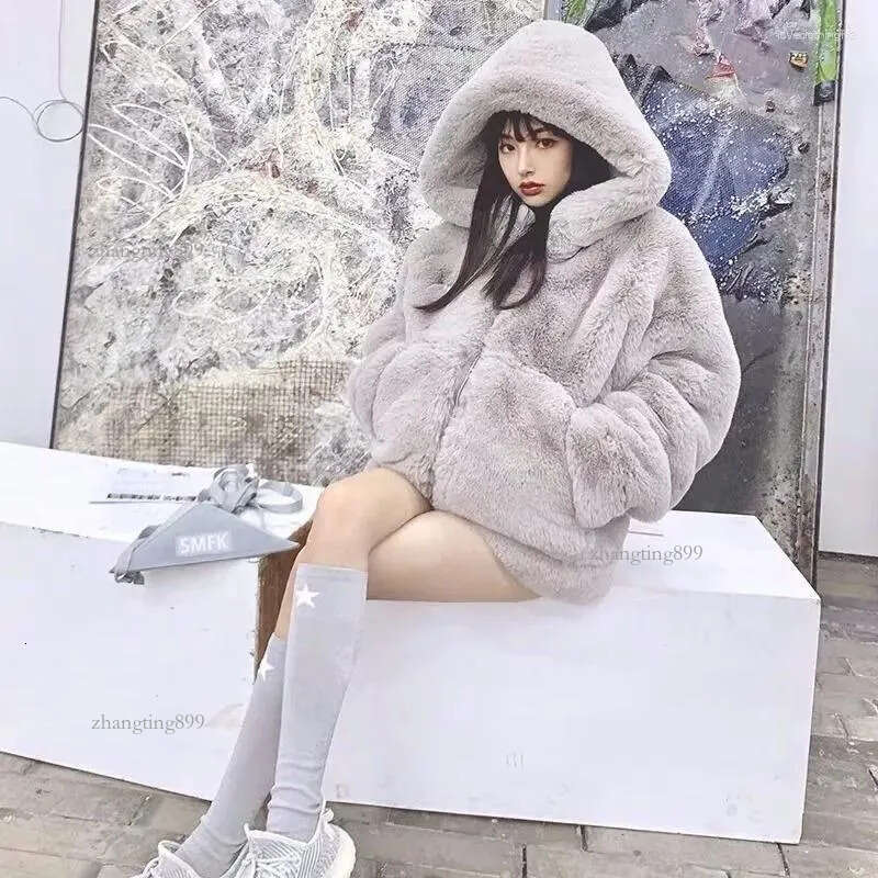 Women's Fur Plush Jacket Women Winter White Large Size Thicken Warm Hooded 2023 Zipper Furry Soft Outwear Faux Overcoat