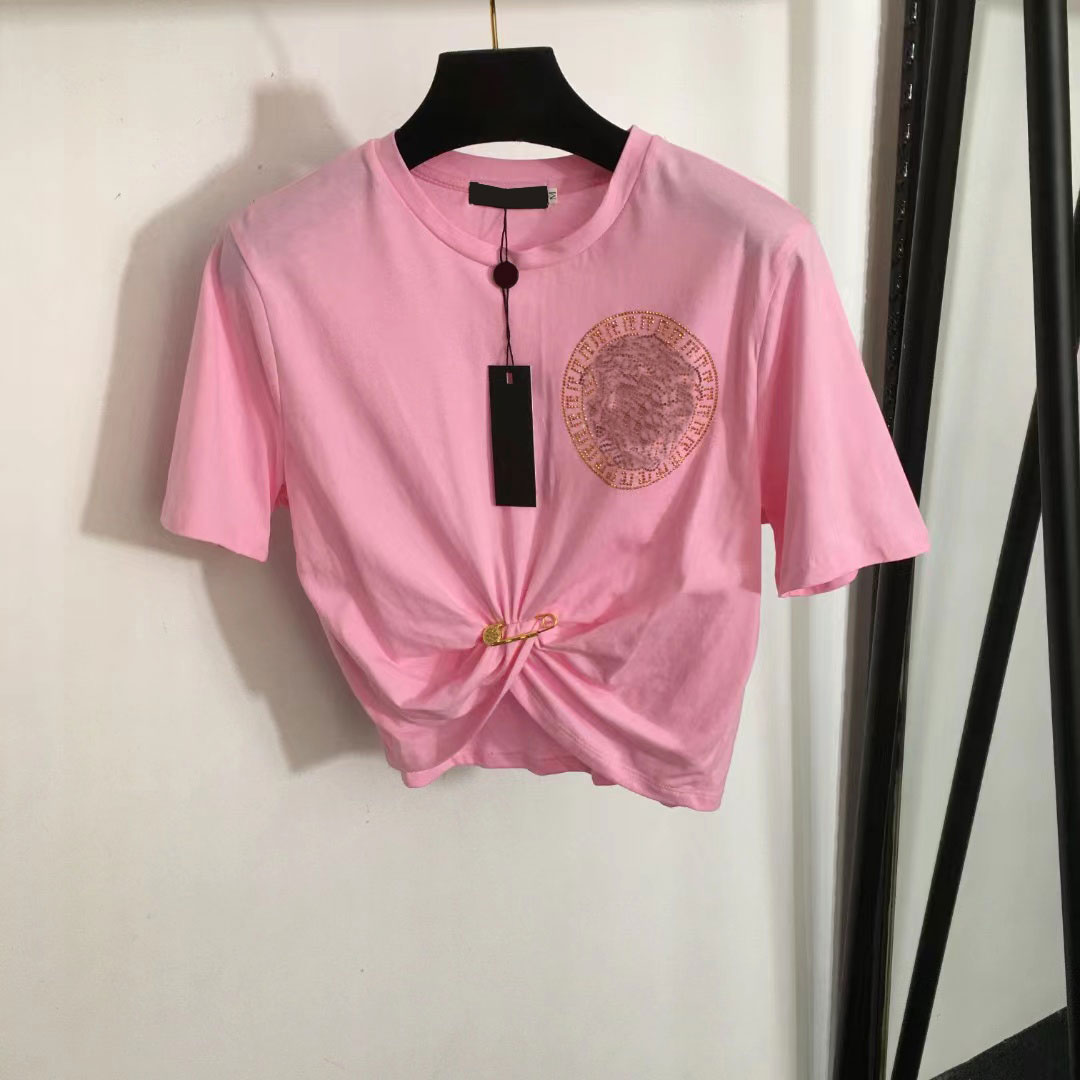 2026 Designers Women's T-Shirt Chest Letter Shirt Casual Fashion ladies top New style portrait hot diamond pin waist short sleeve short T-shirt white pink black SMLXL